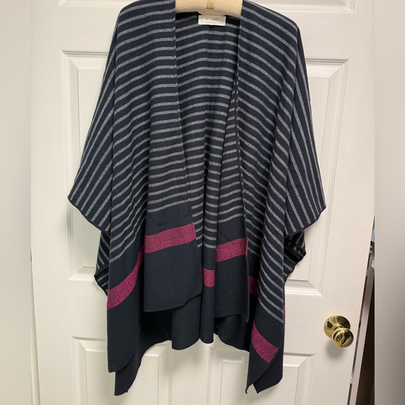 Striped Navy and Pink Poncho Wrap Sweater by MERSEA - Picture 3 of 9